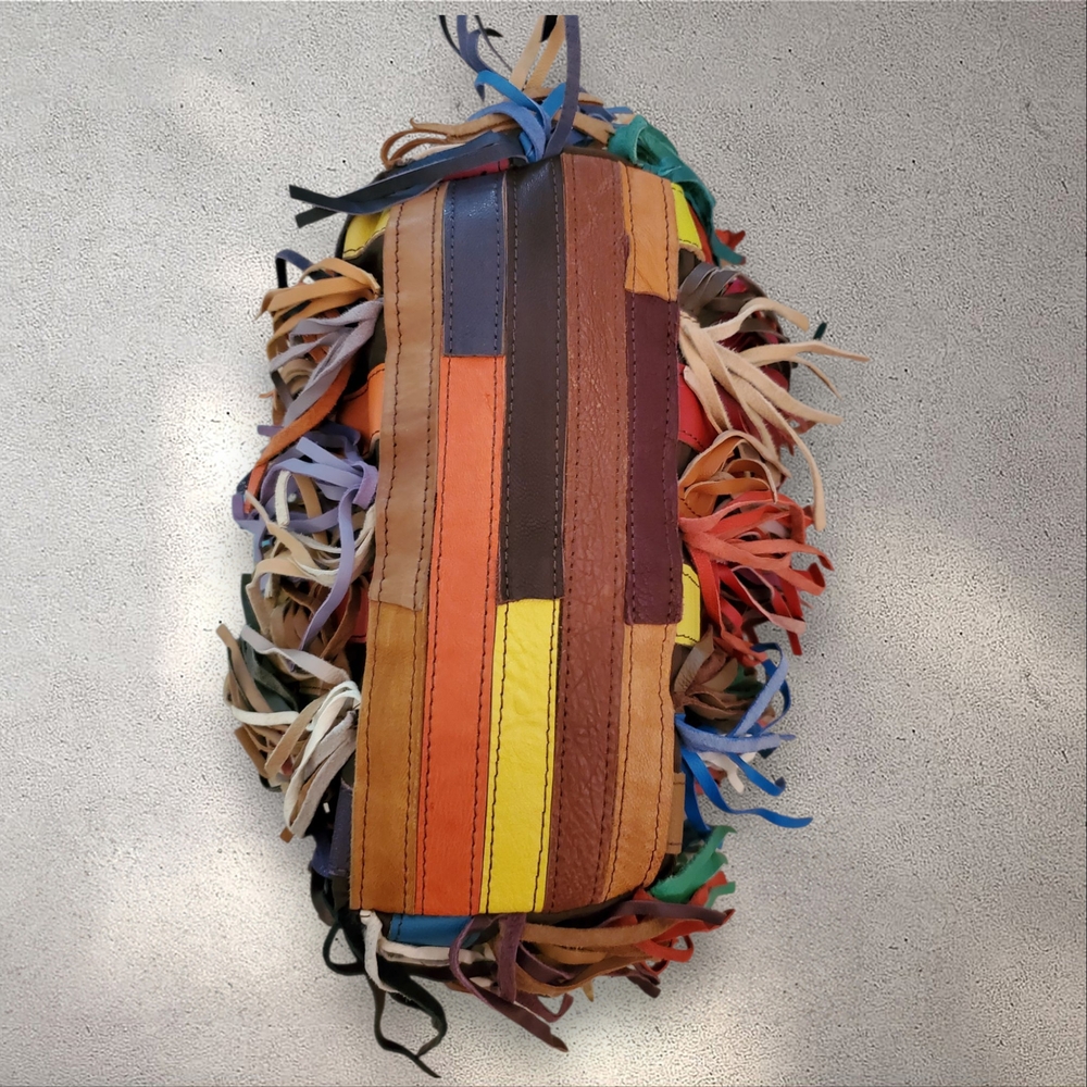 Vintage Multicolored All Leather Fringed Handbag Y2K Boho Tassel Satchel Purse - Picture 13 of 14